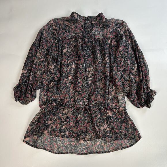 Zara Silk Top Womens Medium Floral Pink Black 3/4 Sleeve Belle Sleeve Blouse - Picture 1 of 9